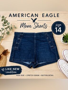 American Eagle Outfitters Navy Blue High-Rise Mom Jean Shorts with Button Trim